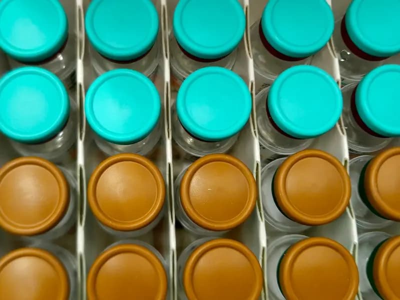 Rows of small unlabelled medicine vials with turquoise and amber caps standing in a tray, photographed on 16 October 2024, a file photograph of injectable vials in general and not of any of the six peptides