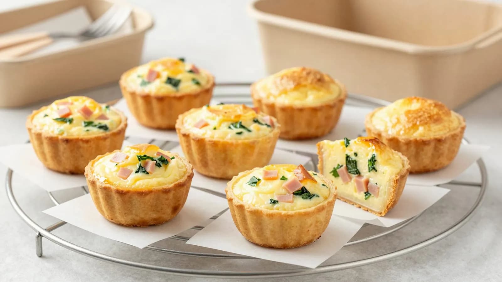 An AI-generated illustration of baked high-protein egg bites cooling on a wire rack, cut open to show a soft custardy centre