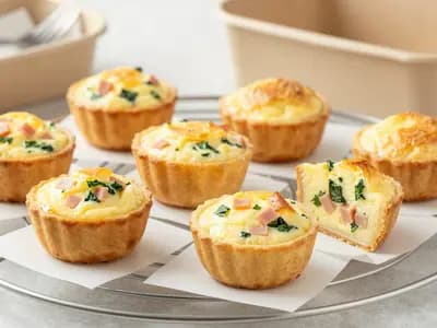 An AI-generated illustration of baked high-protein egg bites cooling on a wire rack, cut open to show a soft custardy centre