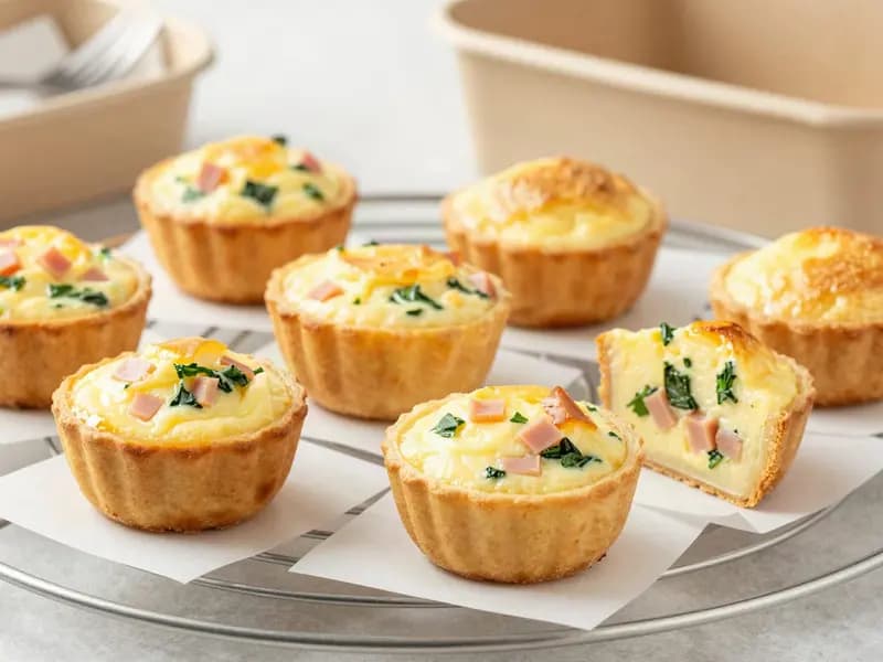 An AI-generated illustration of baked high-protein egg bites cooling on a wire rack, cut open to show a soft custardy centre