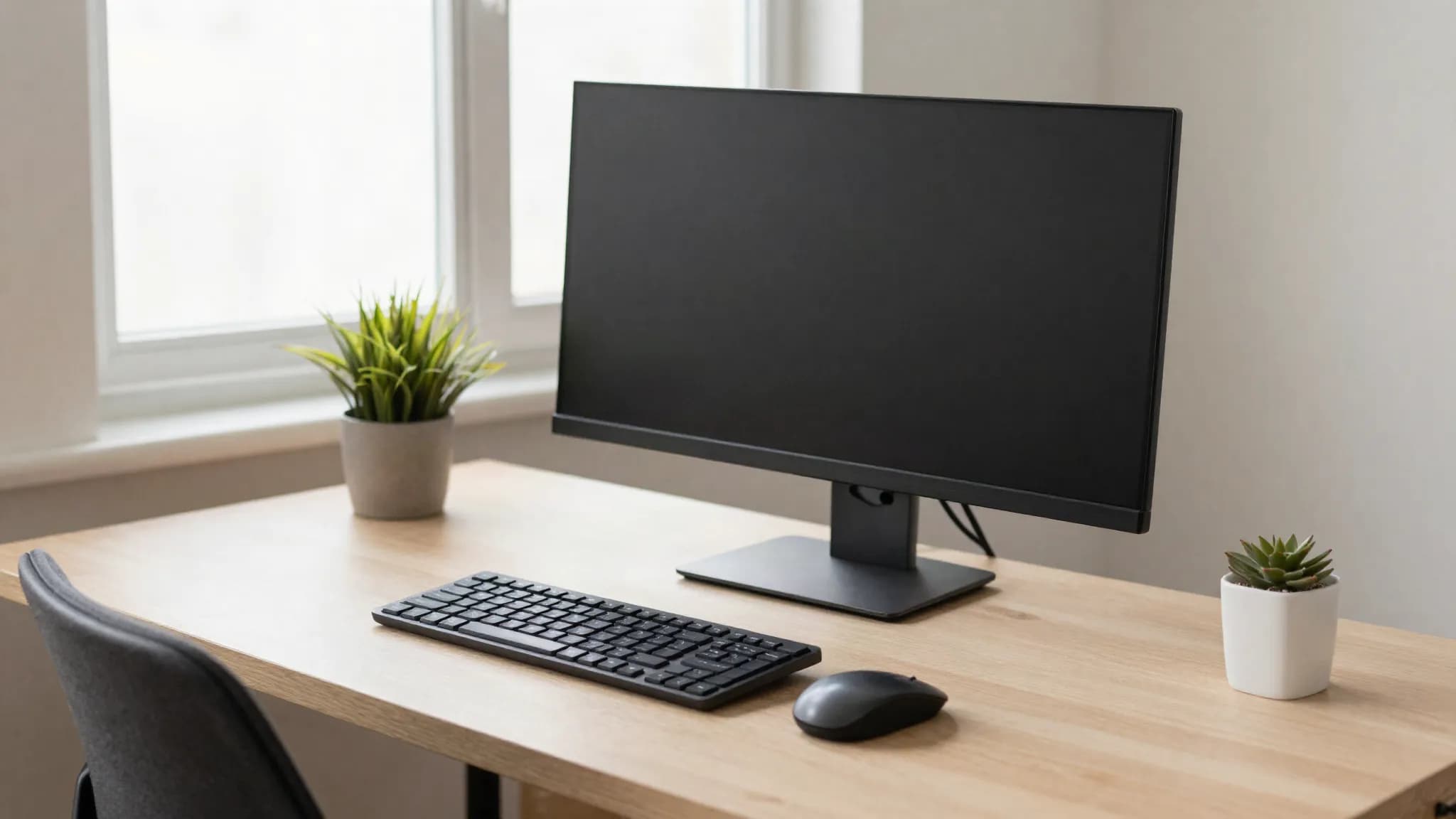 A tidy home desk with a raised monitor and separate keyboard