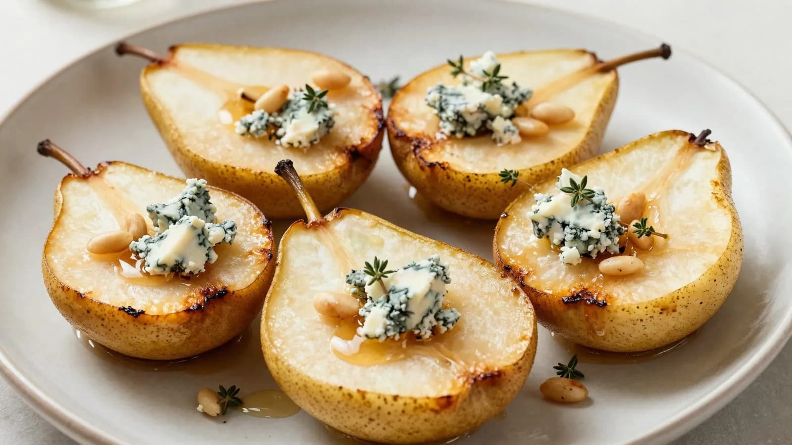 An AI-generated illustration of honey-roasted pear halves topped with crumbled blue cheese and toasted pine nuts on a plate