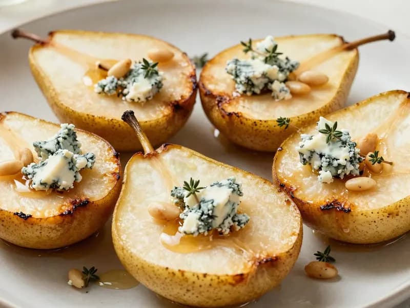 An AI-generated illustration of honey-roasted pear halves topped with crumbled blue cheese and toasted pine nuts on a plate
