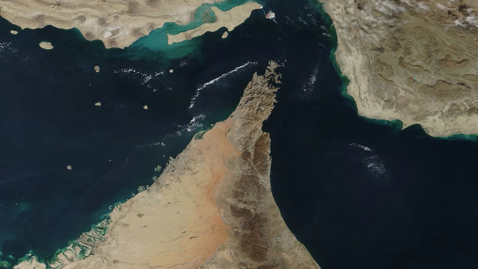 Satellite view of the Strait of Hormuz between Iran and the Musandam Peninsula