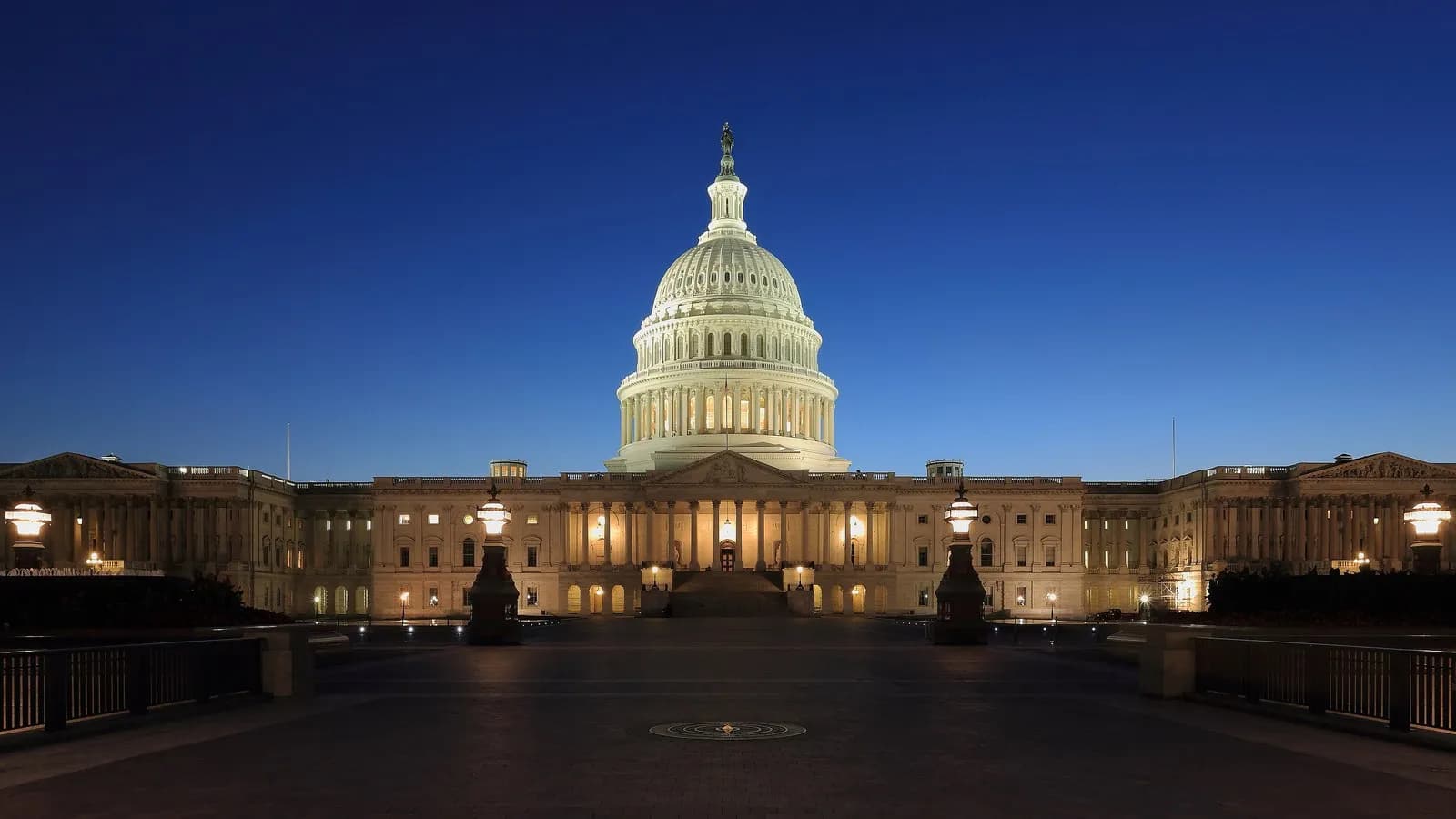 The west front of the United States Capitol at dusk, photographed in 2013