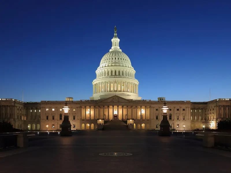 The west front of the United States Capitol at dusk, photographed in 2013