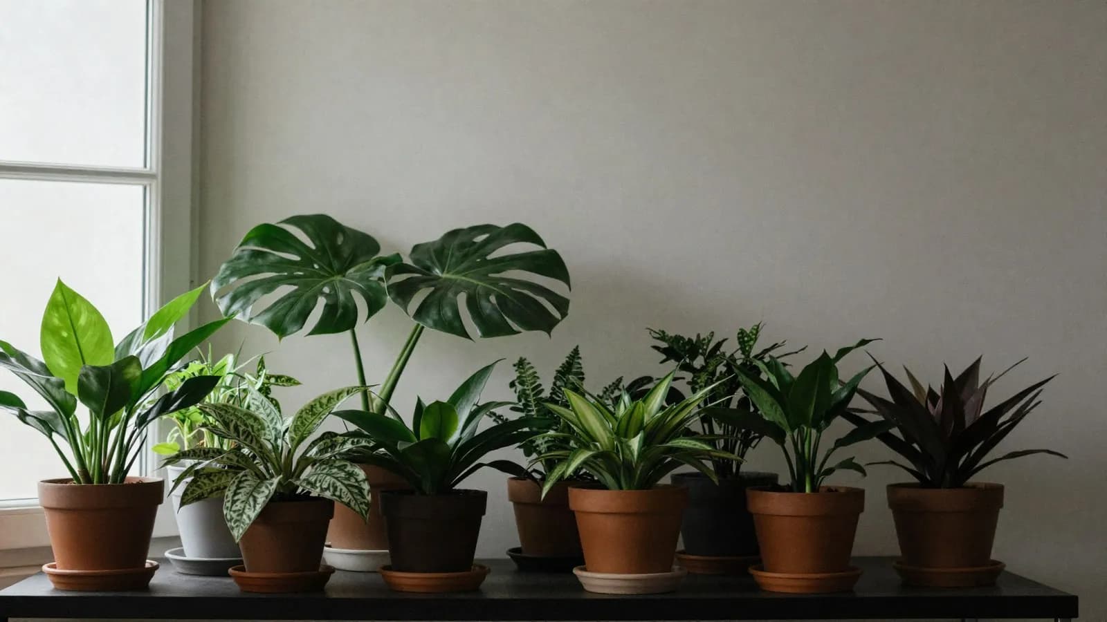 Potted houseplants arranged near an interior window