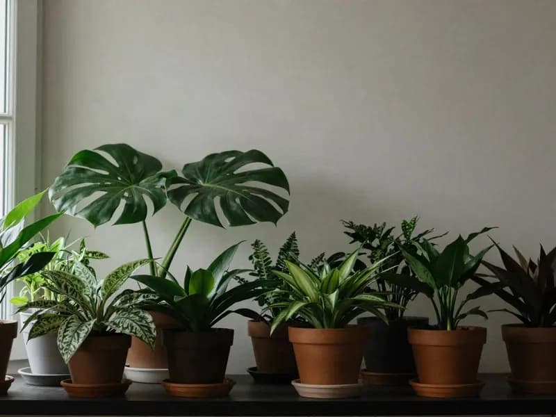 Potted houseplants arranged near an interior window