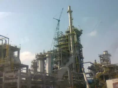 Process towers and pipework of the SATORP refinery, the Saudi Aramco and TotalEnergies joint venture at Jubail, Saudi Arabia, photographed on 3 January 2013 during construction, a file photograph of an Aramco facility and not of the Dhahran headquarters or Wednesday's strike