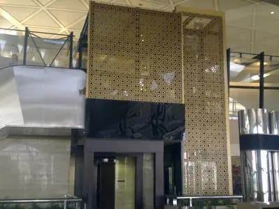A gold-latticed screen, glass balustrade and polished fittings in a terminal hall at King Khalid International Airport in Riyadh, photographed on 3 July 2012, a file photograph of the airport named in the Houthi claims and not of any attack or damage