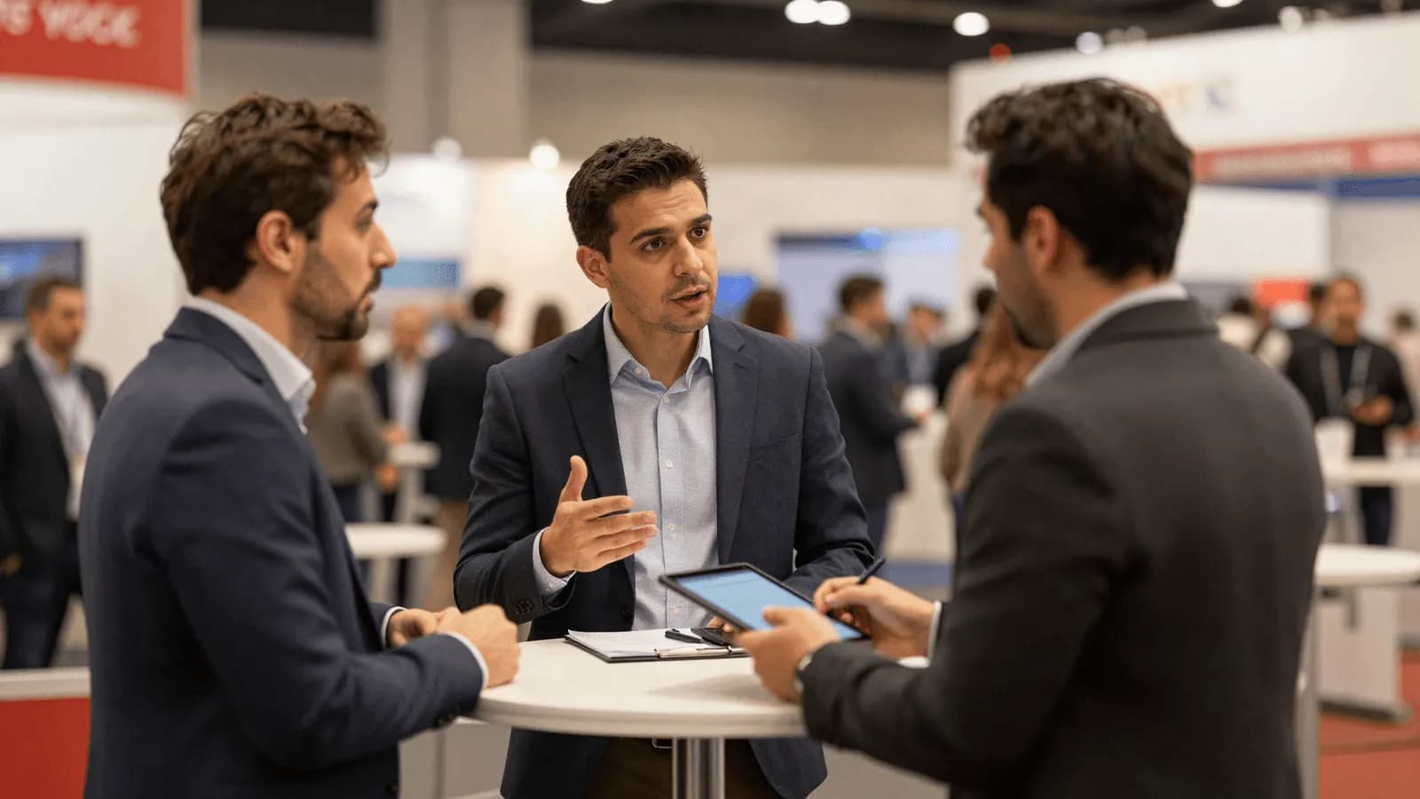 Two people in conversation at a trade show stand, with the exhibition hall behind them