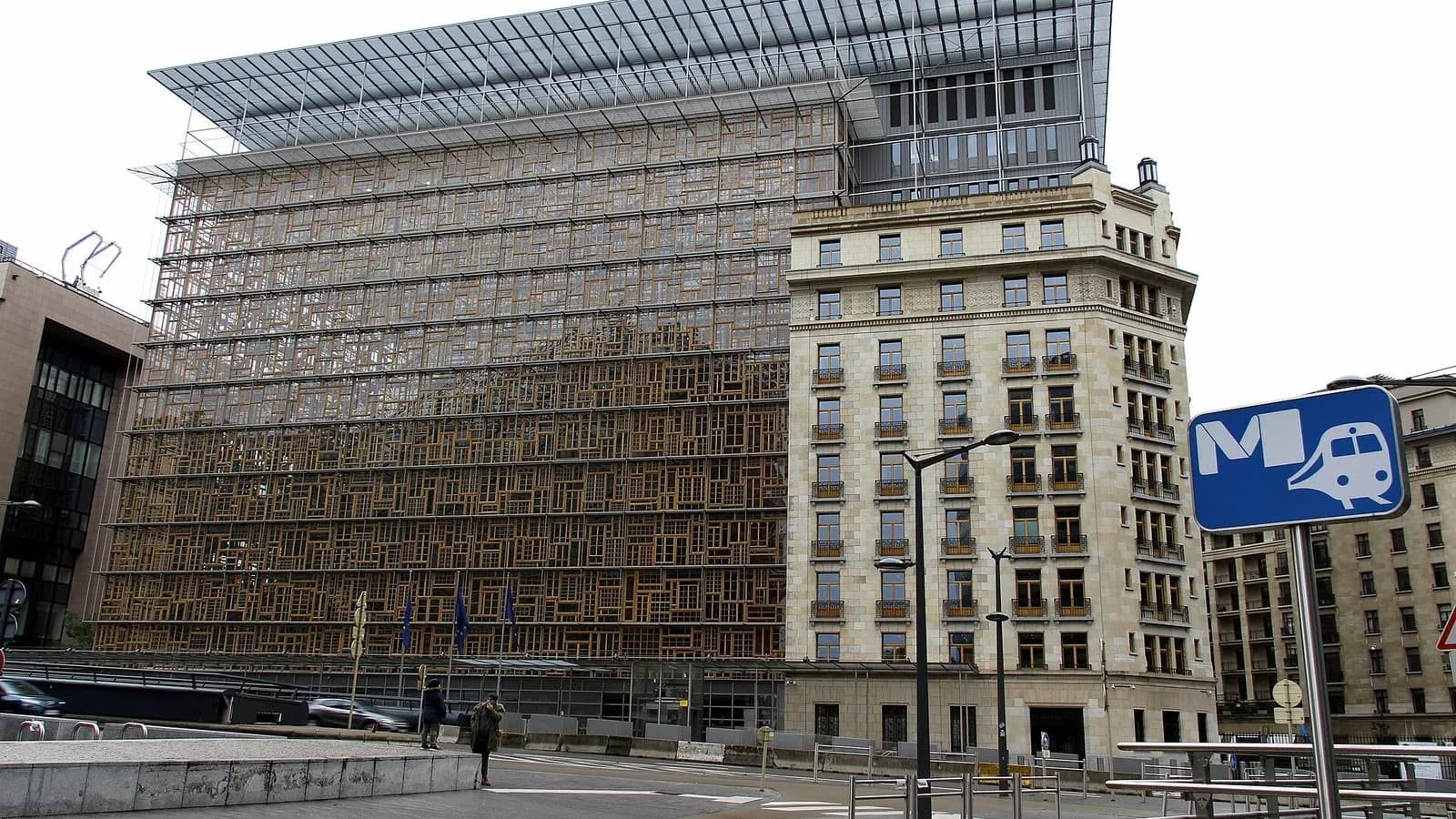 The Europa building in Brussels, the seat of the European Council, a glass-and-wood clad block beside an older apartment building and a metro sign, photographed on 1 November 2018, a file photograph and not from Friday's summit