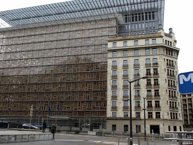 The Europa building in Brussels, the seat of the European Council, a glass-and-wood clad block beside an older apartment building and a metro sign, photographed on 1 November 2018, a file photograph and not from Friday's summit