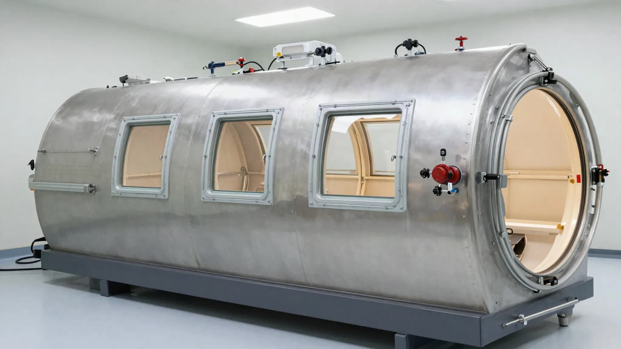 A steel hyperbaric recompression chamber in a treatment room