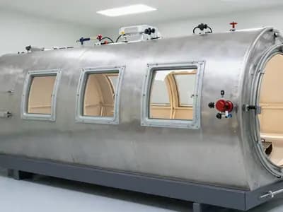 A steel hyperbaric recompression chamber in a treatment room