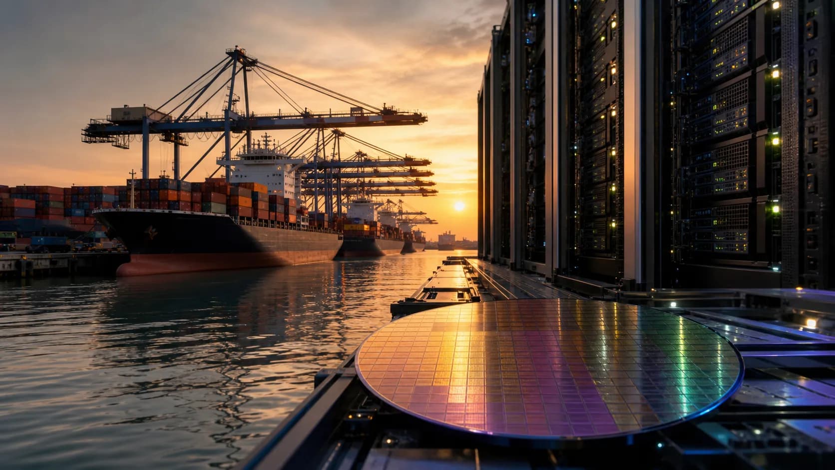 Shipping containers and digital infrastructure representing an uneven global recovery