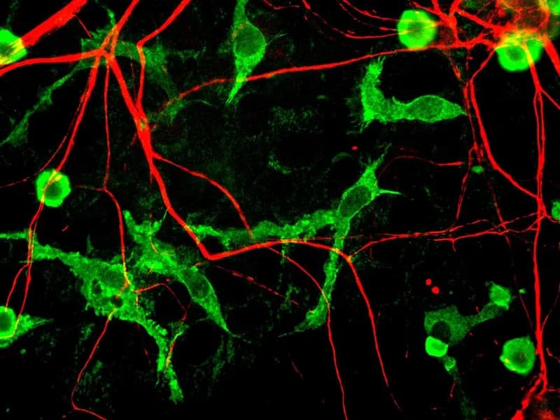 Microglia, stained green, among neurons stained red in a mixed rat brain cell culture