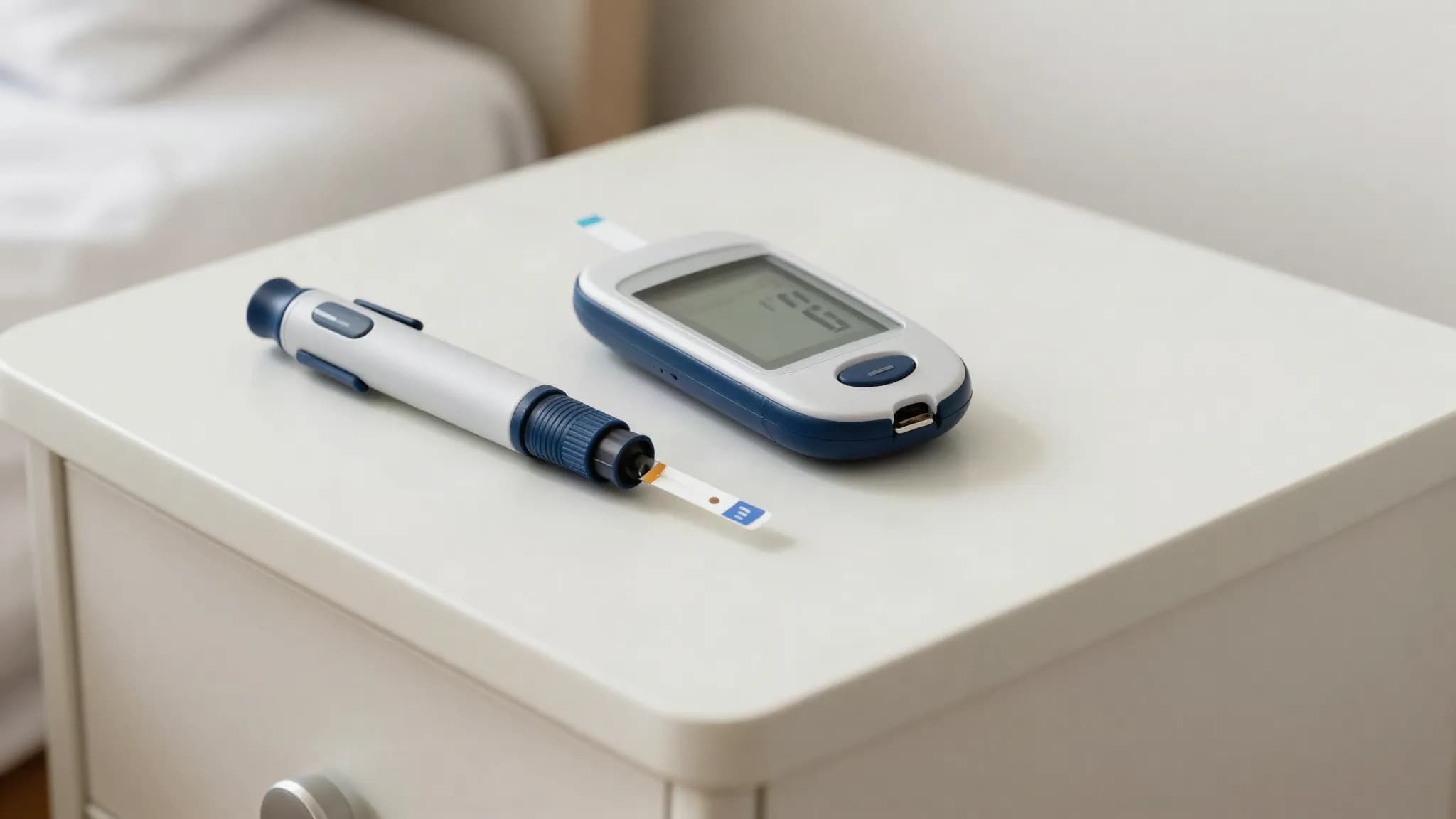 An insulin pen and glucose meter on a bedside table