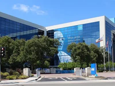 The Robert Noyce Building at Intel's headquarters on Mission College Boulevard in Santa Clara, California, a blue glass tower with a banner on its facade and an Intel sign at the entrance, photographed on 2 July 2023, a file photograph of the headquarters and not of this week's results