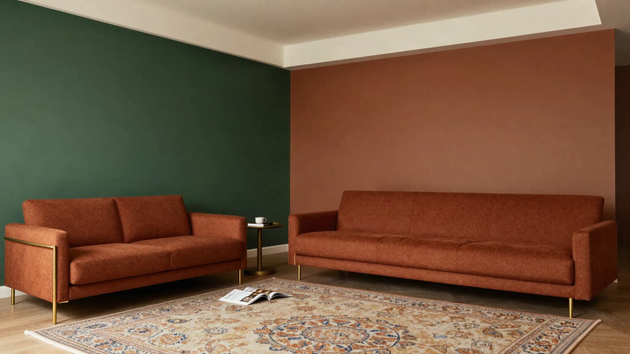 A living room in deep green and terracotta tones