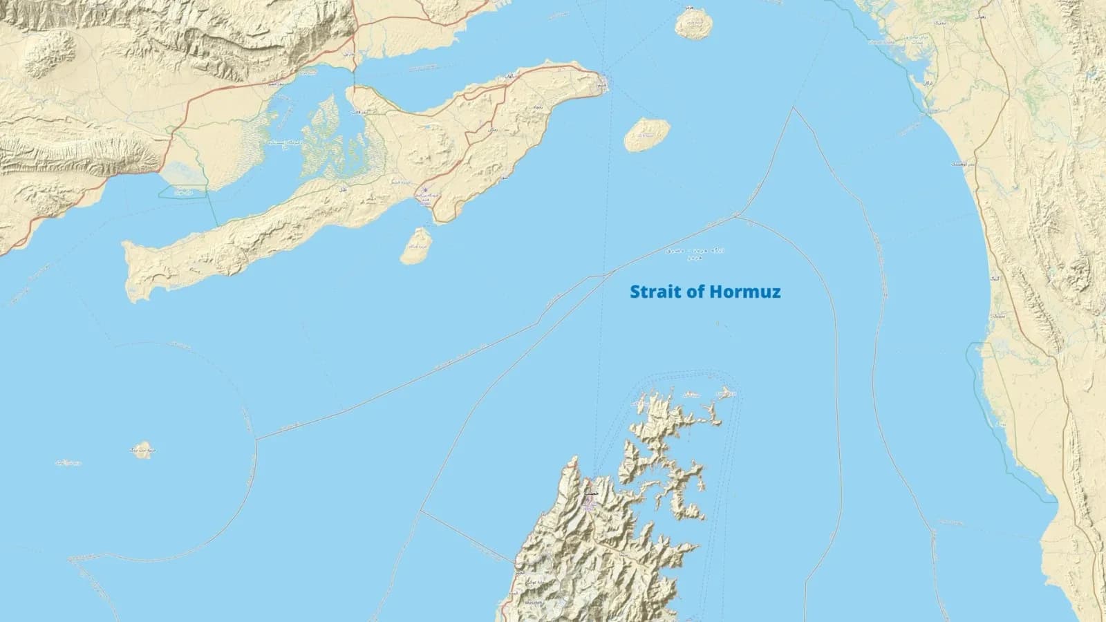 A map of the Strait of Hormuz showing the Iranian coast, the Musandam peninsula and the Gulf of Oman, produced from OpenStreetMap data and dated 27 March 2026, an illustrative map and not a photograph of any incident