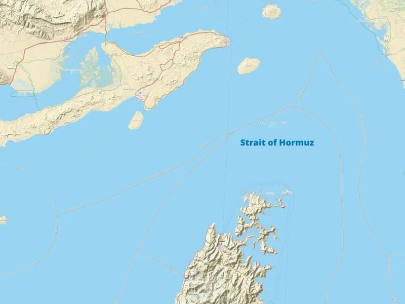 A map of the Strait of Hormuz showing the Iranian coast, the Musandam peninsula and the Gulf of Oman, produced from OpenStreetMap data and dated 27 March 2026, an illustrative map and not a photograph of any incident