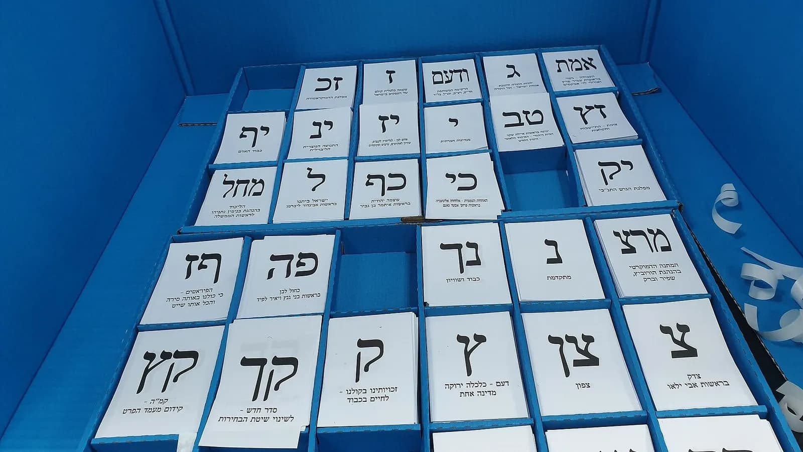 A blue box of white Hebrew-lettered party ballot papers at a polling station in the HaBiluyim School in Ramat Gan, Israel, photographed on 17 September 2019, a file photograph of ballot papers from the September 2019 Knesset election and not of this week's vote