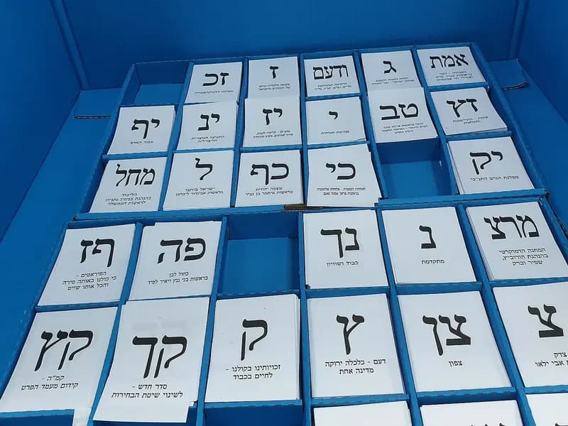 A blue box of white Hebrew-lettered party ballot papers at a polling station in the HaBiluyim School in Ramat Gan, Israel, photographed on 17 September 2019, a file photograph of ballot papers from the September 2019 Knesset election and not of this week's vote