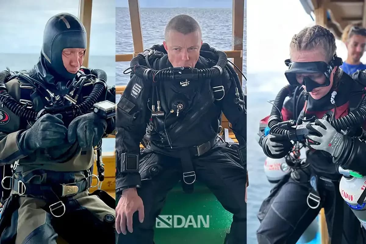 Finnish specialist divers Sami Paakkarinen, Jenni Westerlund and Patrik Grönqvist after the Maldives recovery mission