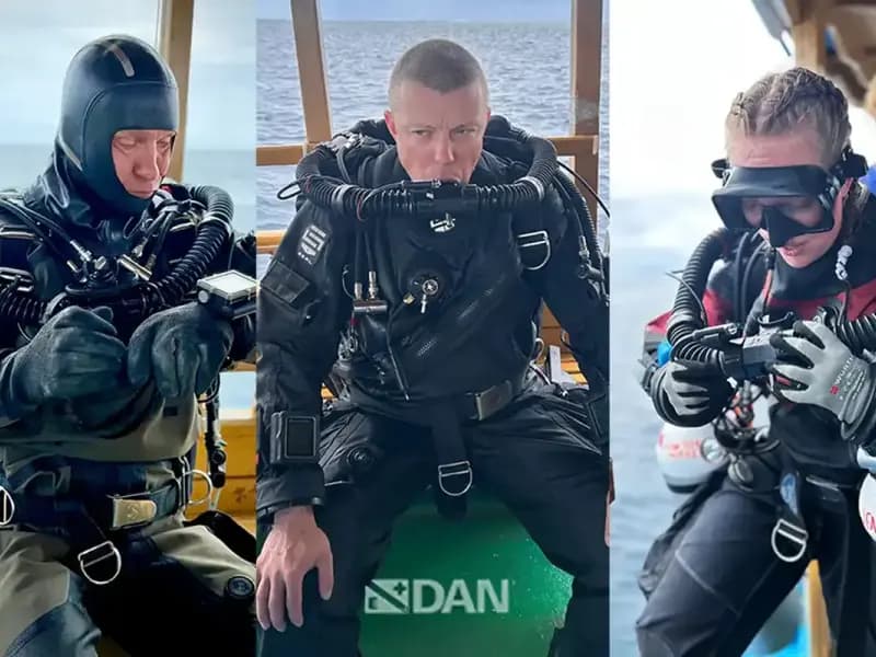 Finnish specialist divers Sami Paakkarinen, Jenni Westerlund and Patrik Grönqvist after the Maldives recovery mission