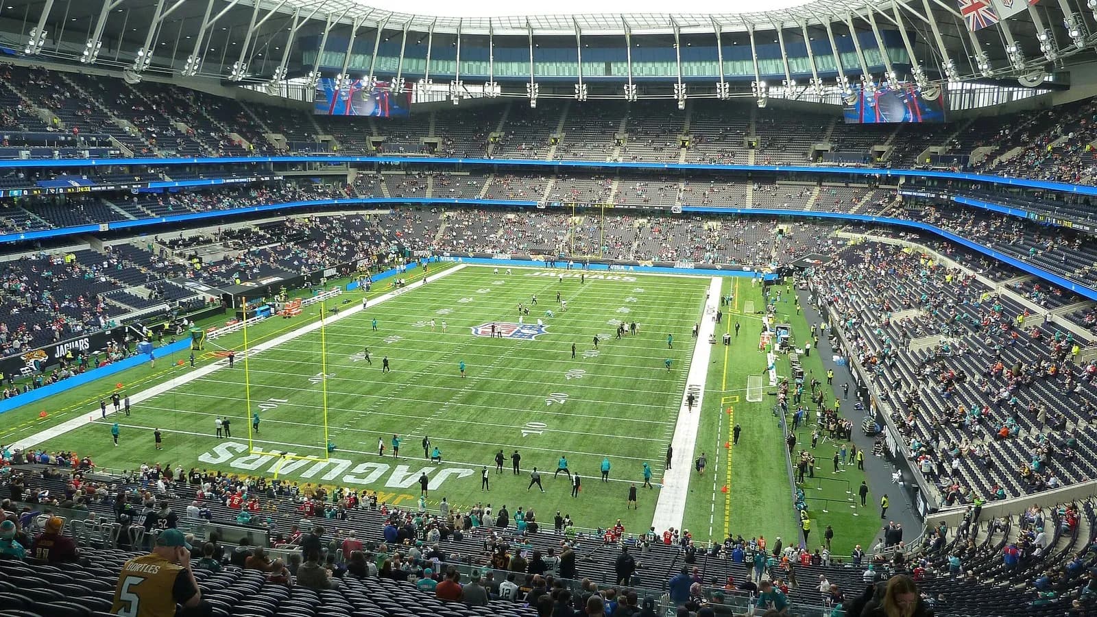 Tottenham Hotspur Stadium in London set up for an NFL game with Jaguars lettering in an end zone, photographed on 17 October 2021 during a Dolphins and Jaguars game, a file photograph of the venue and not of Sunday's game