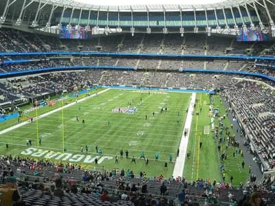 Tottenham Hotspur Stadium in London set up for an NFL game with Jaguars lettering in an end zone, photographed on 17 October 2021 during a Dolphins and Jaguars game, a file photograph of the venue and not of Sunday's game