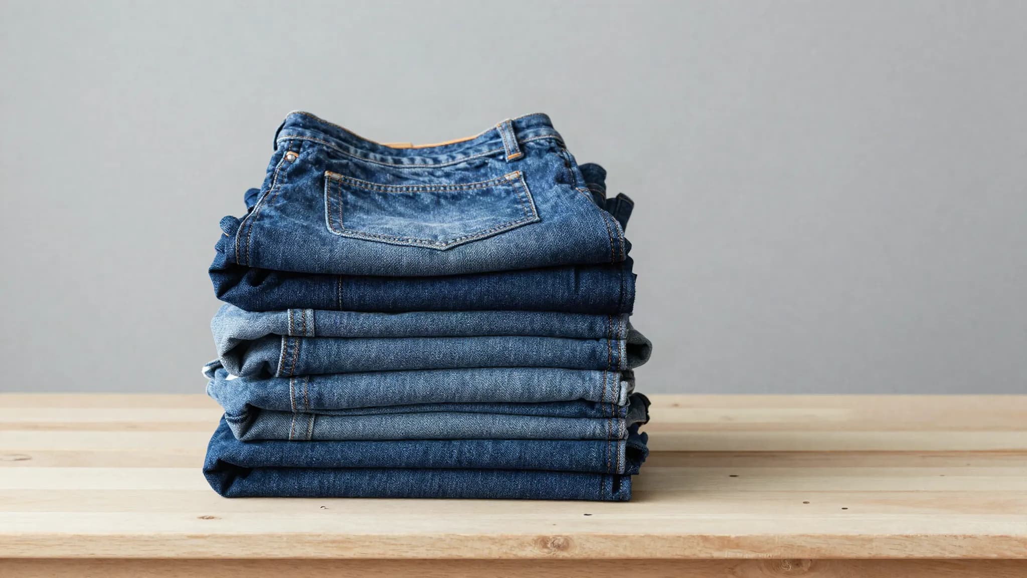 Folded indigo denim on a pale wood surface