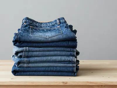 Folded indigo denim on a pale wood surface