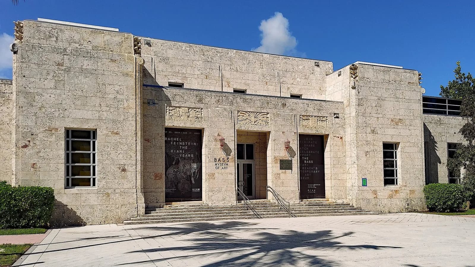 The pale stone front facade and entrance steps of the Bass Museum of Art in Miami Beach under a blue sky, photographed on 8 November 2024, a file photograph of the existing building and not of the proposed expansion
