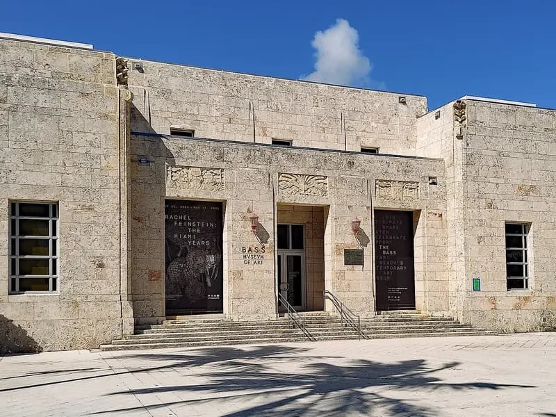 The pale stone front facade and entrance steps of the Bass Museum of Art in Miami Beach under a blue sky, photographed on 8 November 2024, a file photograph of the existing building and not of the proposed expansion