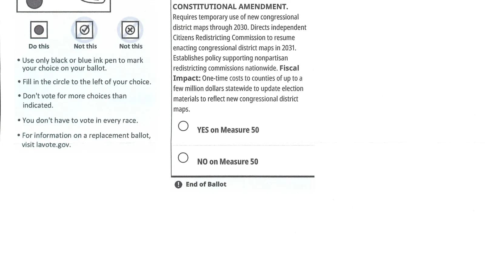 A page of a Los Angeles County mail ballot for California's Proposition 50 special election showing the voting instructions and the final measure, dated 3 October 2025, a file image of a California ballot and not of any ballot in the Justice Department's list