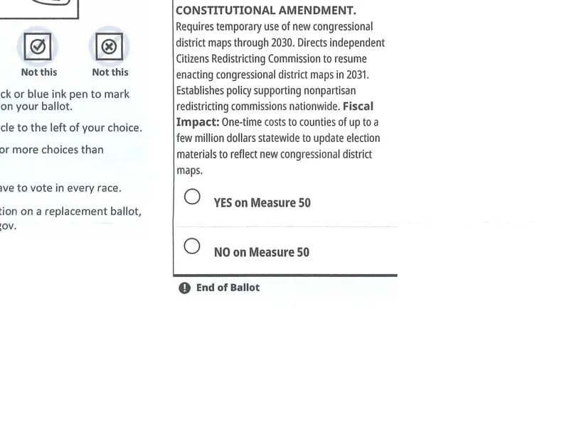 A page of a Los Angeles County mail ballot for California's Proposition 50 special election showing the voting instructions and the final measure, dated 3 October 2025, a file image of a California ballot and not of any ballot in the Justice Department's list