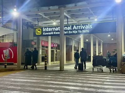 The international arrivals entrance at Jomo Kenyatta International Airport in Nairobi, photographed in August 2025, a file photograph illustrative of the airport and not of the patient or the response