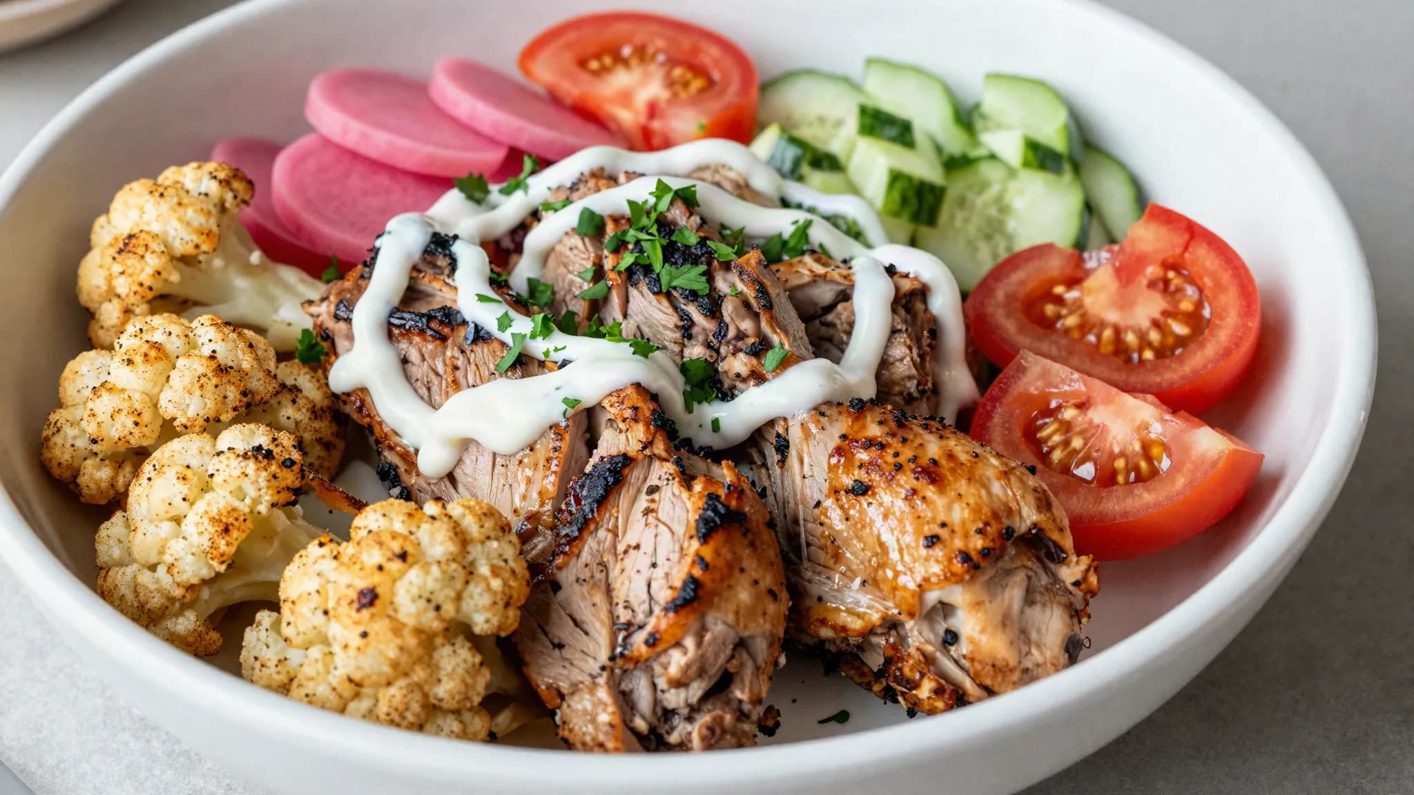 A shawarma bowl of spiced chicken and roasted cauliflower with garlic sauce