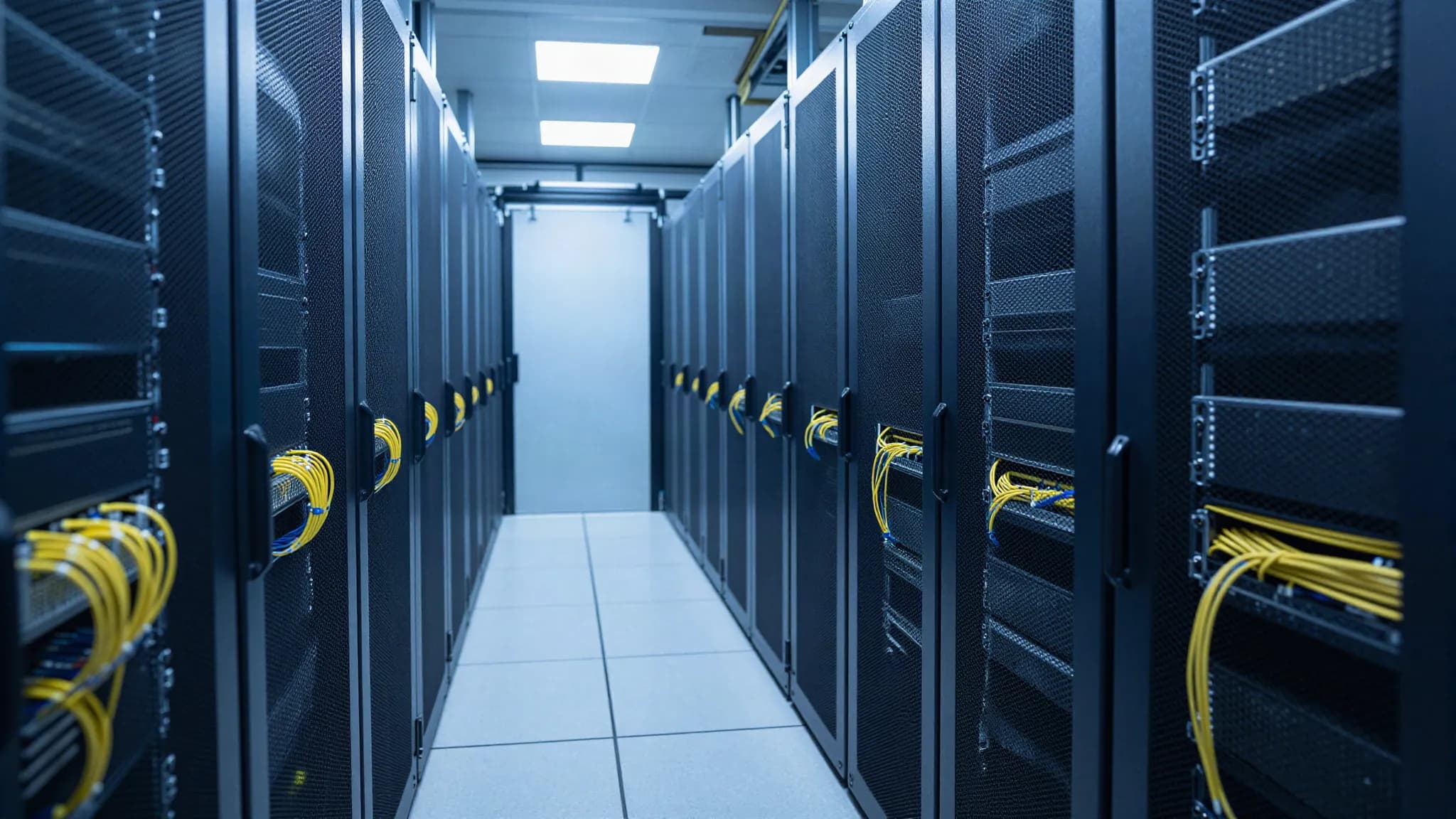 A long aisle of server racks in blue light