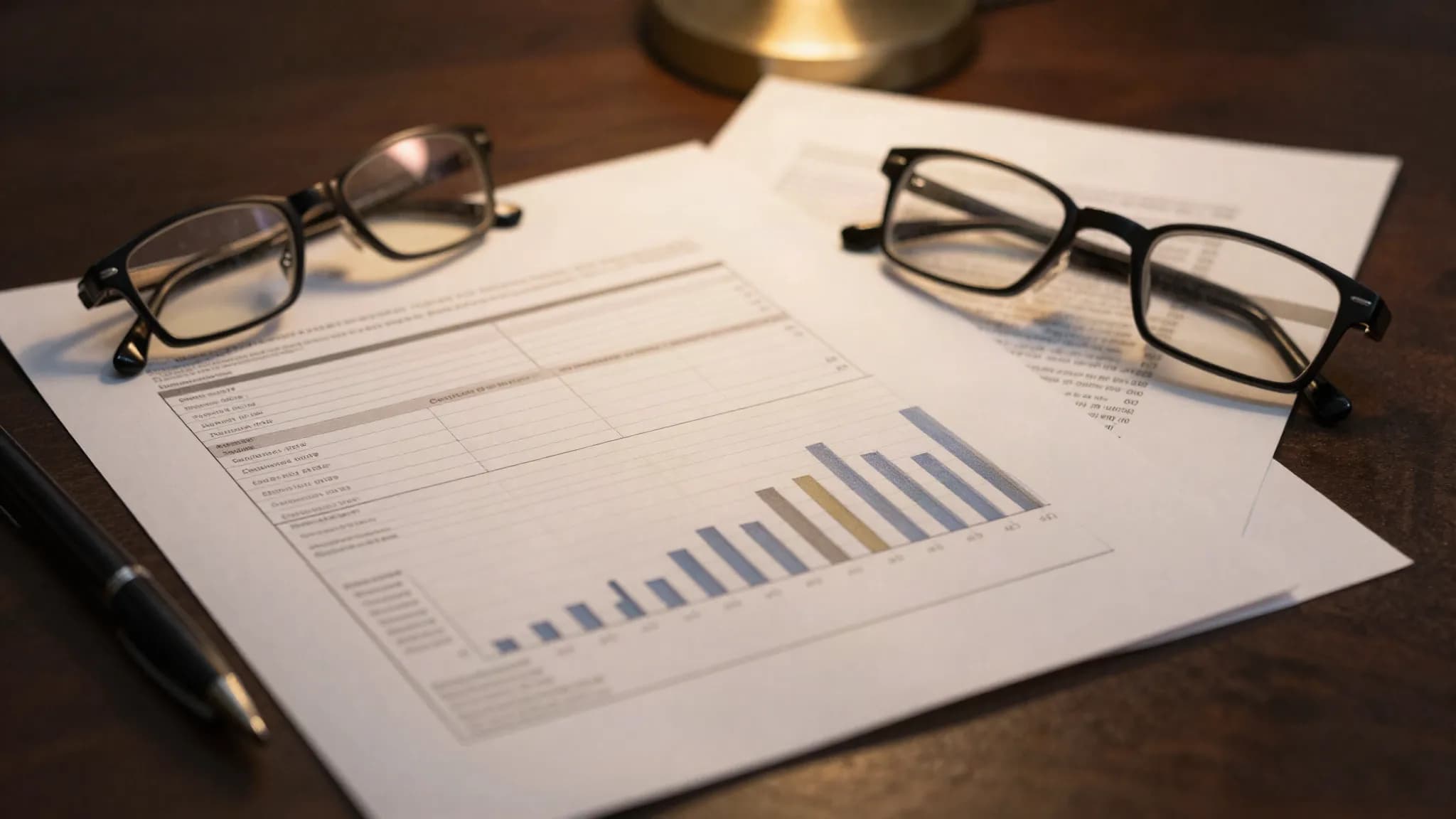Printed financial statements on a desk beside reading glasses