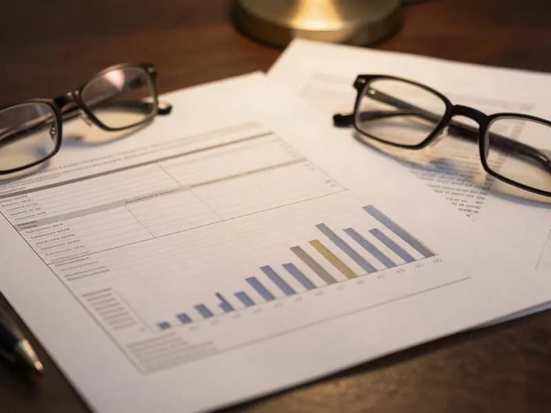 Printed financial statements on a desk beside reading glasses