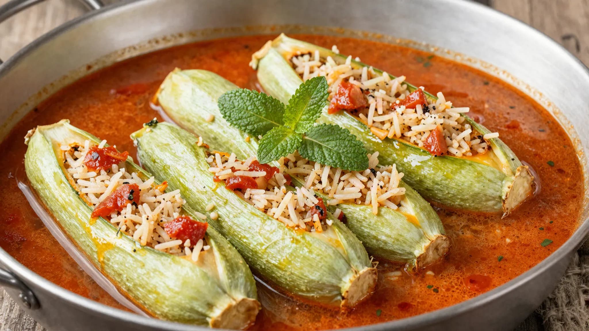 Cored courgettes stuffed with rice simmering in tomato broth