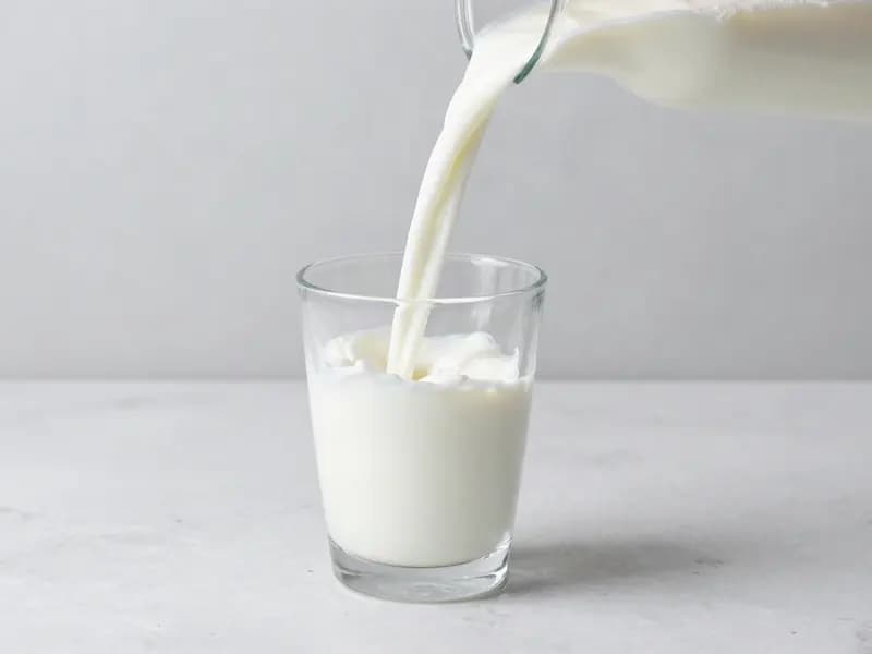 Milk being poured into a glass on a marble counter