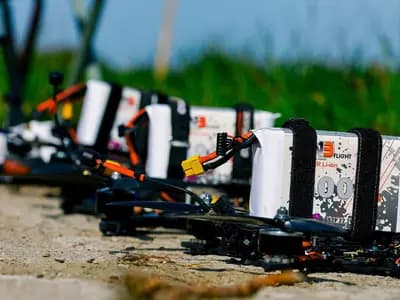 Small quadcopters staged on the ground during a United States Army exercise. These are test aircraft photographed elsewhere, not the drone recovered at Leipzig