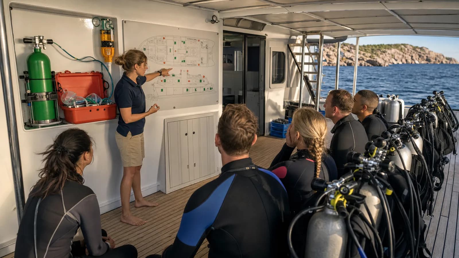 Divers receiving a detailed safety briefing aboard a liveaboard vessel