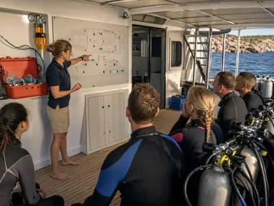 Divers receiving a detailed safety briefing aboard a liveaboard vessel