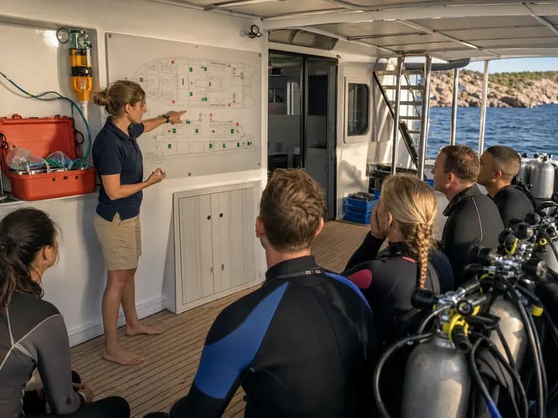 Divers receiving a detailed safety briefing aboard a liveaboard vessel