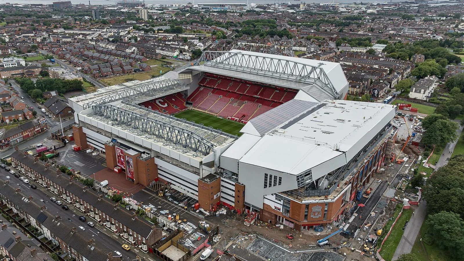 An aerial view of Anfield stadium in Liverpool with its red seating bowl and surrounding terraced streets, photographed on 31 July 2023, a file photograph of the ground and not of Wednesday's match